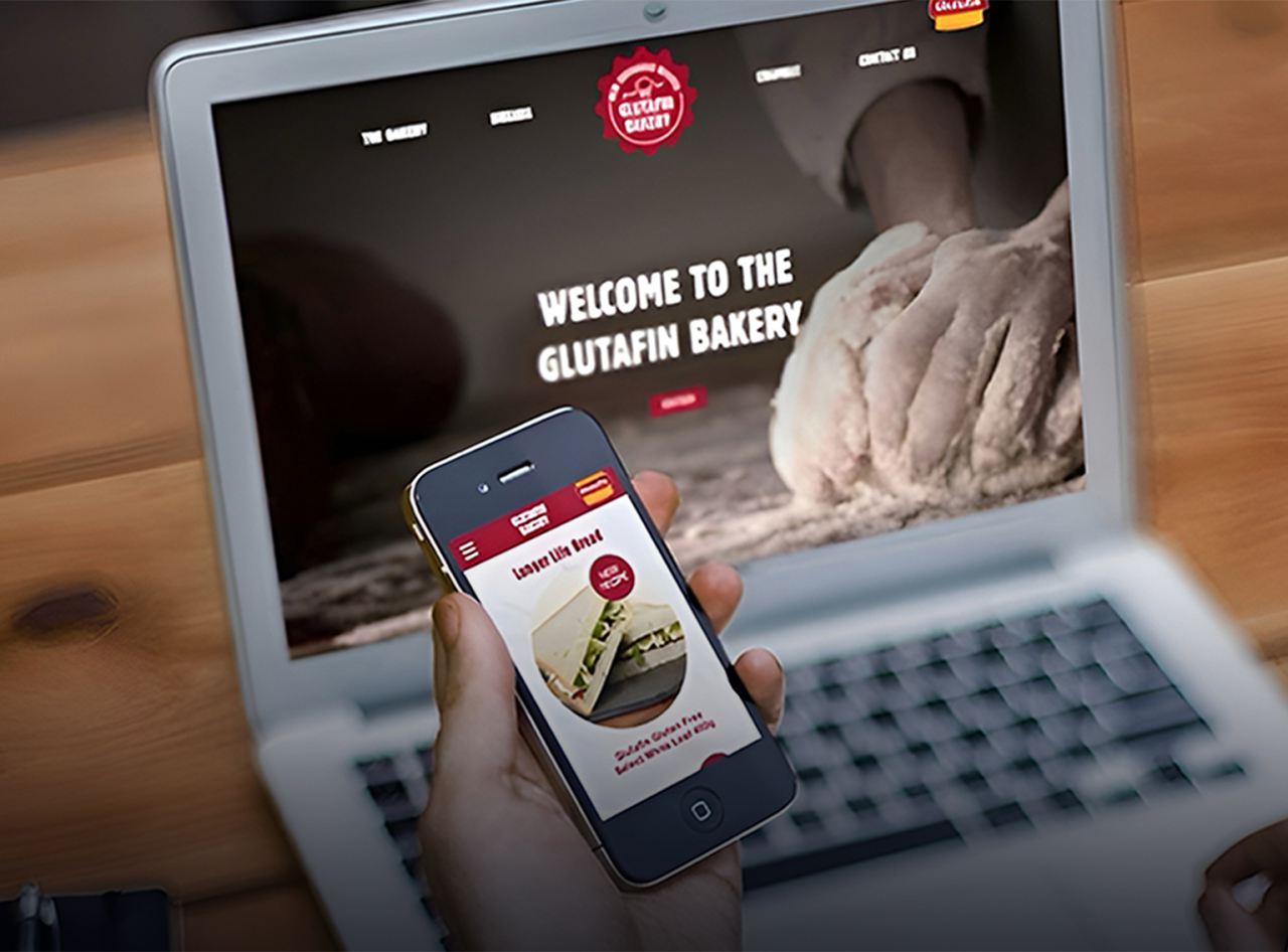 Image of laptop and mobile phone showing Glutafin Bakery website.