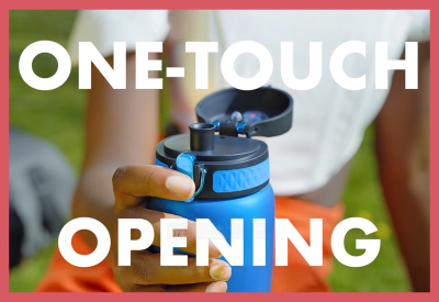 Still from TV ad showing close up of ION8 bottle and graphics saying one-touch opening.