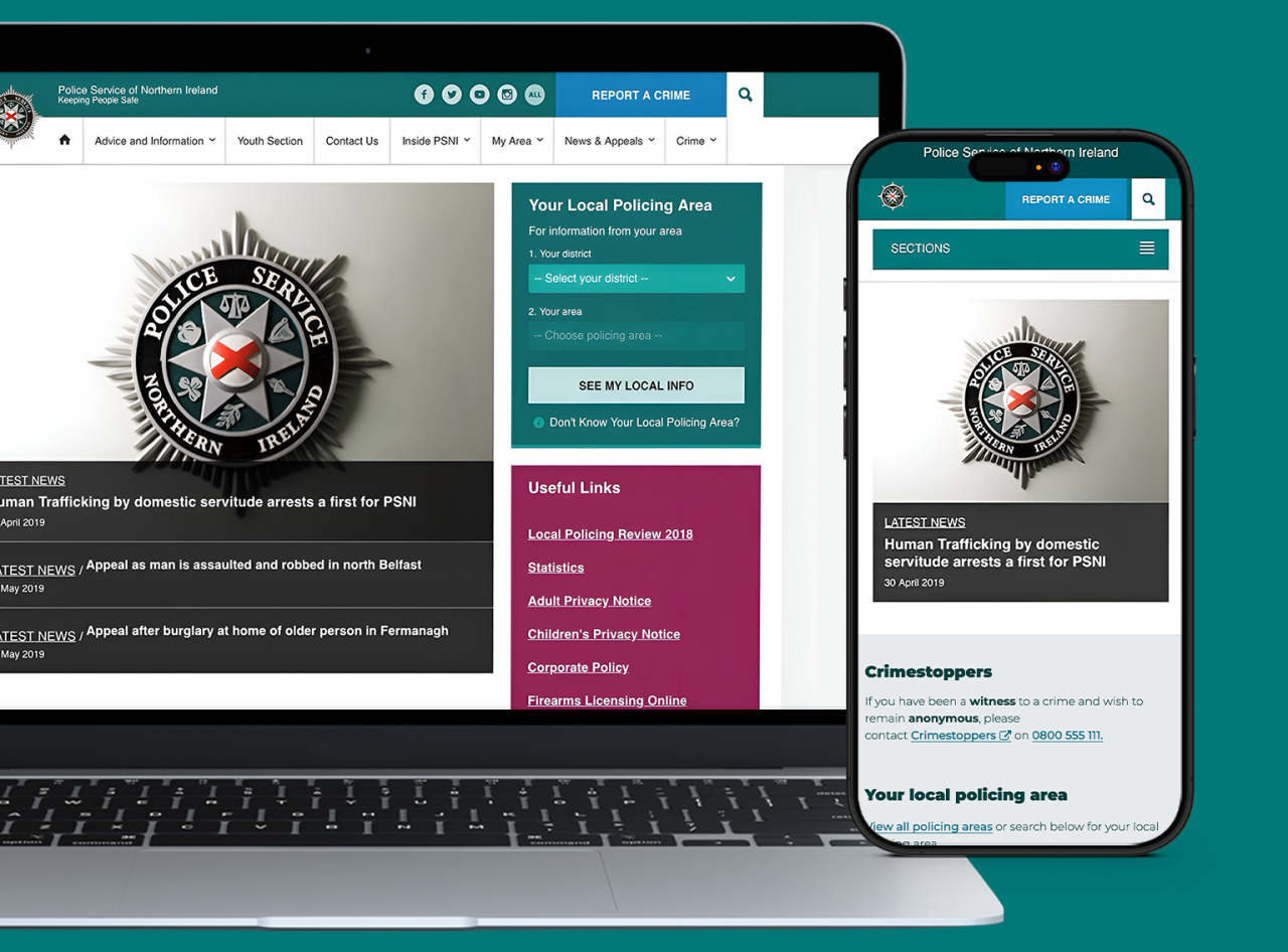 Image of mobile and desktop versions of PSNI website.