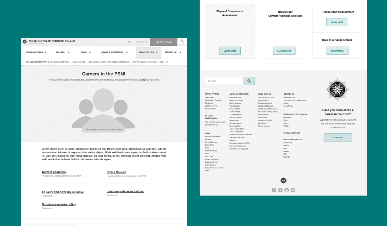 Wireframes of new PSNI website.