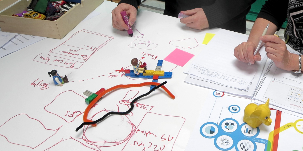 Two people rapidly sketching and visualising ideas together.